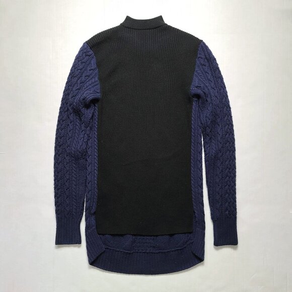 Sacai Luck Women Sz 3 Large 100 Wool Cable Knit Navy Sweater Black Back 2-tone - Picture 3 of 12